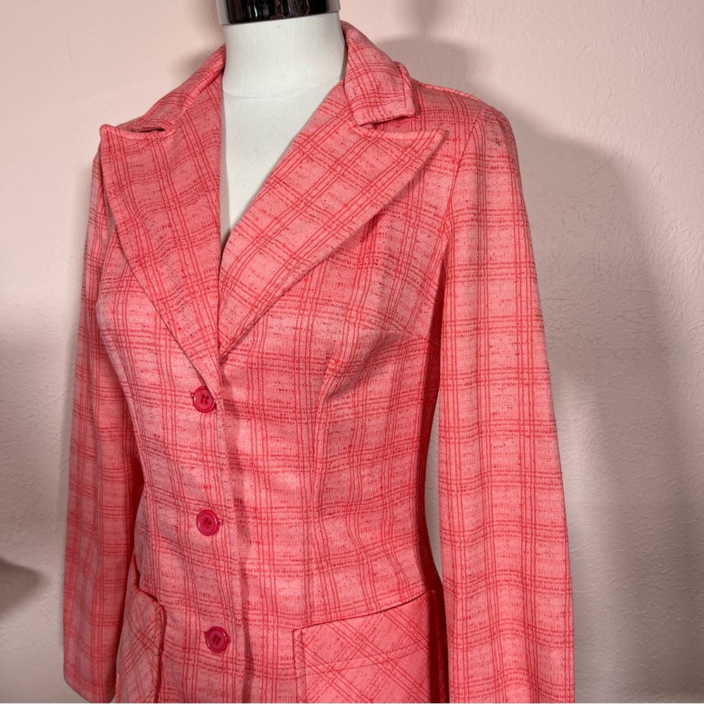 Vintage 1960 1970 JC Penny’s Red Pink Plaid wide lapel Polyester Blazer Small